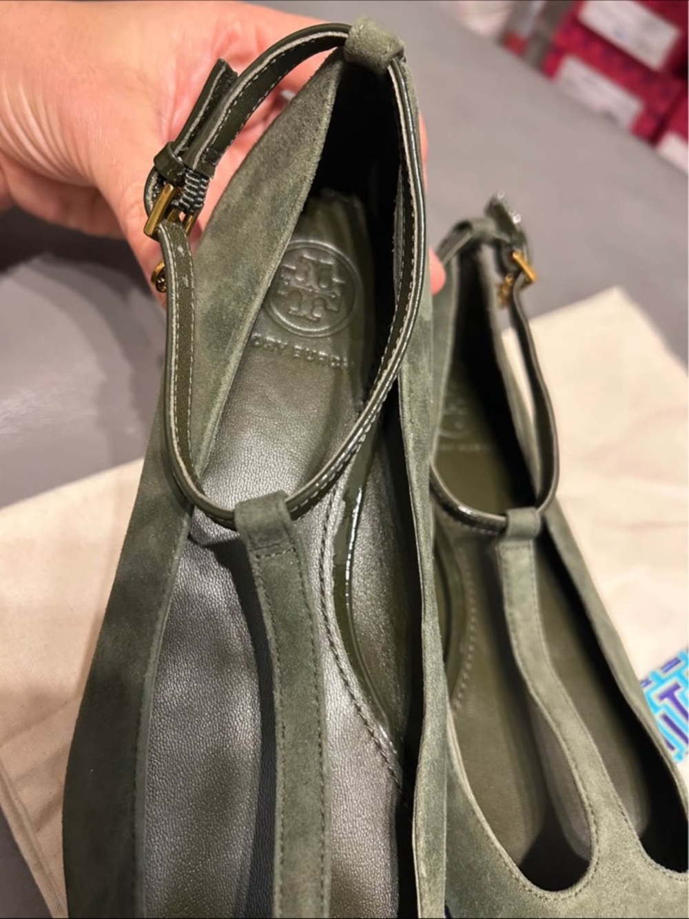 Tory Burch Olive Suede T-Strap Ballet Flat - Picture 5 of 8